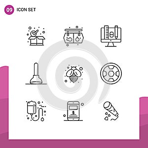 Set of 9 Modern UI Icons Symbols Signs for honey, bee, computer, tool, plunger