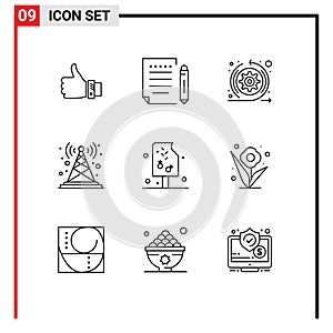 Set of 9 Modern UI Icons Symbols Signs for tower, signal, paper, antenna, scrum