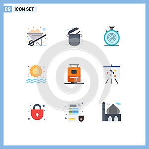Set of 9 Modern UI Icons Symbols Signs for travel, swimming, action, sun, slow