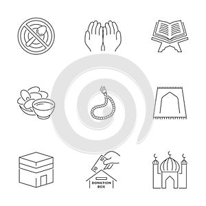 Set of 9 Ramadan line vector icons isolated on white background