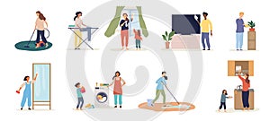 Set of 9 scenarios of people doing housework