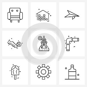 Set of 9 Simple Line Icons of gear, compass, hand gliding, sports, shoes