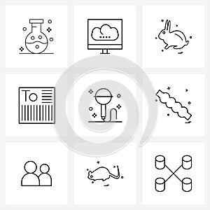 Set of 9 Simple Line Icons of microphone, shipment, rabbit, quality, label