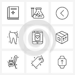 Set of 9 Simple Line Icons of shipment, smartphone, circle, phone, tooth