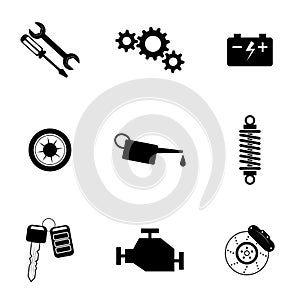 Set of 9 symbol icons for car service, auto repair shop, car repair. Vector square orientation