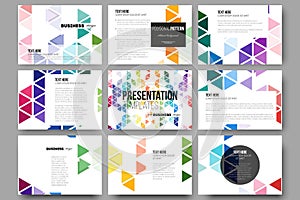 Set of 9 templates for presentation slides. Abstract colorful business background, modern stylish hexagonal and triangle