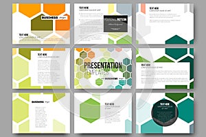 Set of 9 templates for presentation slides. Abstract colorful business background, modern stylish hexagonal vector