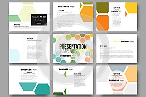 Set of 9 templates for presentation slides. Abstract colorful business background, modern stylish hexagonal vector