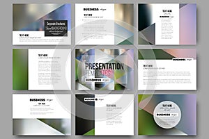 Set of 9 templates for presentation slides. Abstract multicolored background, blurred nature landscapes, geometric