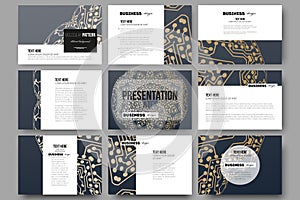 Set of 9 templates for presentation slides. Golden microchip pattern, abstract template with connecting dots and lines