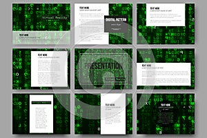 Set of 9 templates for presentation slides. Virtual reality, abstract technology background with green symbols, vector