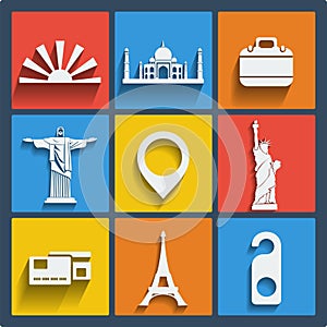 Set of 9 travel web and mobile icons. Vector.