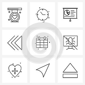 Set of 9 Universal Line Icons of month, calendar, date, left, chevron