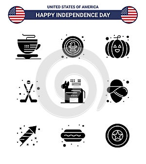 Set of 9 USA Day Icons American Symbols Independence Day Signs for political; donkey; food; sport; hokey