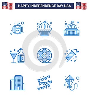 Set of 9 Vector Blues on 4th July USA Independence Day such as movis; bottle; building; american; drink