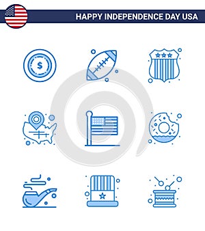 Set of 9 Vector Blues on 4th July USA Independence Day such as united; flag; investigating; location pin; usa