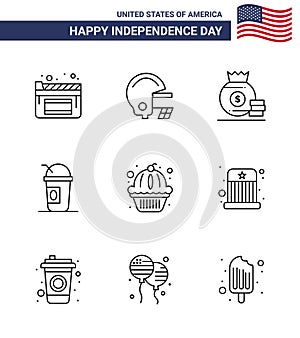 Set of 9 Vector Lines on 4th July USA Independence Day such as cake; muffin; money; american; limonade