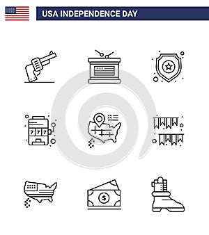 Set of 9 Vector Lines on 4th July USA Independence Day such as map; game; shield; slot; casino