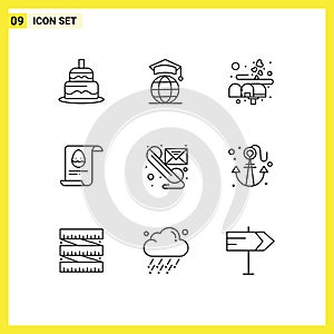 Set of 9 Vector Outlines on Grid for message, egg, box, aester, file
