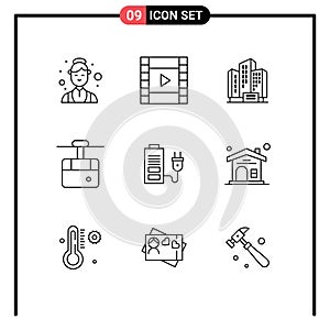 Set of 9 Vector Outlines on Grid for power, acumulator, apartment, transport, funicular