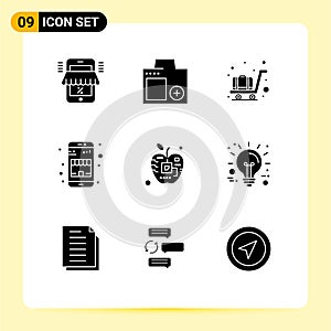 Set of 9 Vector Solid Glyphs on Grid for apple, online shop, photo, commerce, trolley