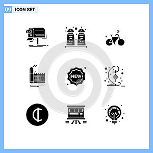 Set of 9 Vector Solid Glyphs on Grid for badge, factory, bicycle, energy, consumption