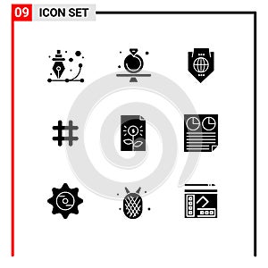 Set of 9 Vector Solid Glyphs on Grid for tweet, follow, ring, shield, protection