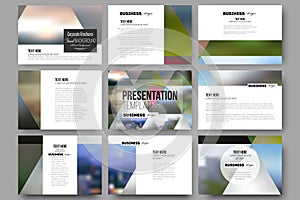 Set of 9 vector templates for presentation slides. Abstract multicolored background, blurred nature landscapes