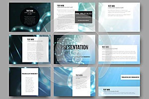 Set of 9 vector templates for presentation slides. DNA molecule structure on a blue background.