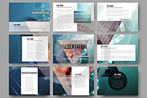 Set of 9 vector templates for presentation slides. DNA molecule structure on a green background.