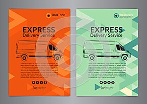 Set A4 Express delivery service brochure flyer design layout template. Delivery van magazine cover, mockup flyer.