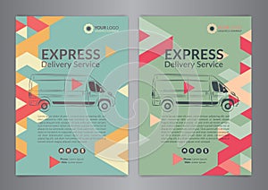 Set A4 Express delivery service brochure flyer design layout template. Delivery van magazine cover, mockup flyer.