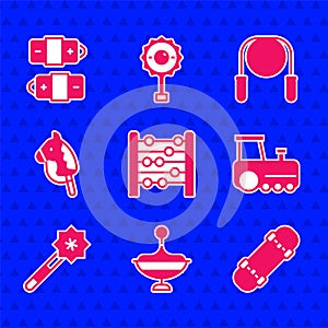 Set Abacus, Whirligig toy, Skateboard, Toy train, Magic wand, horse, Jump rope and Battery icon. Vector