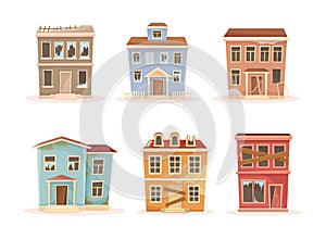 Set of abandoned houses with broken windows and doors boarded up. Old ruined suburban cottages vector illustration