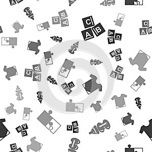 Set ABC blocks, Baby bottle, Baby onesie and Piece of puzzle on seamless pattern. Vector.