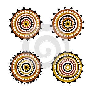 Set of aboriginal art vector icons including ethnic Australian motive with typical elements