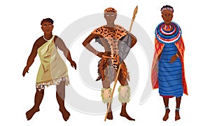 Set of aboriginal women and men from Africa sunny continent. Vector illustration in flat cartoon style.