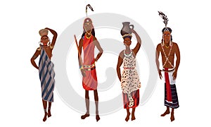 Set of aboriginal women and men from Africa in traditional ethnic dress. Vector illustration in flat cartoon style.