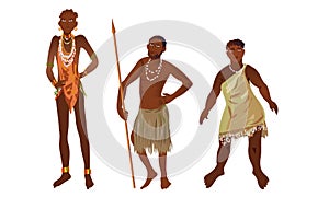 Set of aboriginal women and men from Africa in traditional ethnic dress. Vector illustration in flat cartoon style.