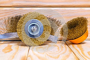 Set of abrasive tools and sandpaper on wooden boards