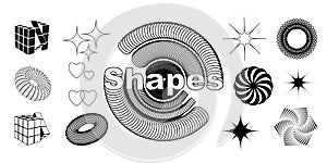 Set of abstract 3d geometric shapes and trendy geometric shapes. Vector illustration with 3d wireframe models. Y2K.