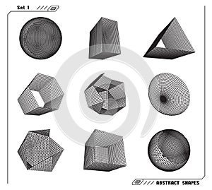Set of abstract 3d wireframe shapes or elements with open edges. Scientific and geometric abstraction with deformed