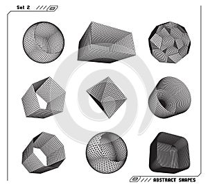 Set of abstract 3d wireframe shapes or elements with open edges. Scientific and geometric abstraction with deformed