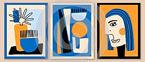 Set of abstract art compositions. Geometric woman portrait. Still life poster with vase, plant.