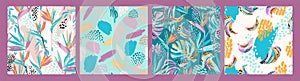Set of abstract art seamless patterns with tropical leaves, flowers and bananas