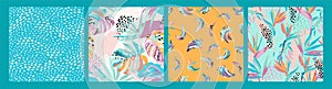 Set of abstract art seamless patterns with tropical leaves, flowers and bananas