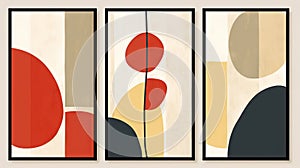 Set of abstract artworks with geometric print, in the style of beige and orange