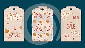 Set of abstract autumn gift tags. Umbrellas, leaves, strokes, isolated elements. Seasonal label templates for printing