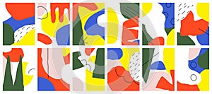 Set of abstract backgrounds with hand drawn doodle objects and various organic shapes. Modern collage for pre-made poster or print