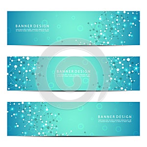 Set of abstract banner design, dna molecule structure background. Geometric graphics and connected lines with dots